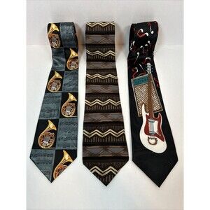 Lot Of 3 Music Themed Ties - Steven Harris French Horn Guitar - Jerry Garcia